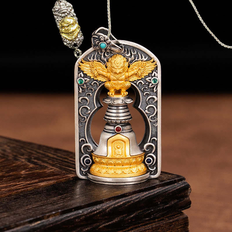 925 Sterling Silver Tibetan Garuda Bird Vajra Dorje Bell Protection Necklace Pendant