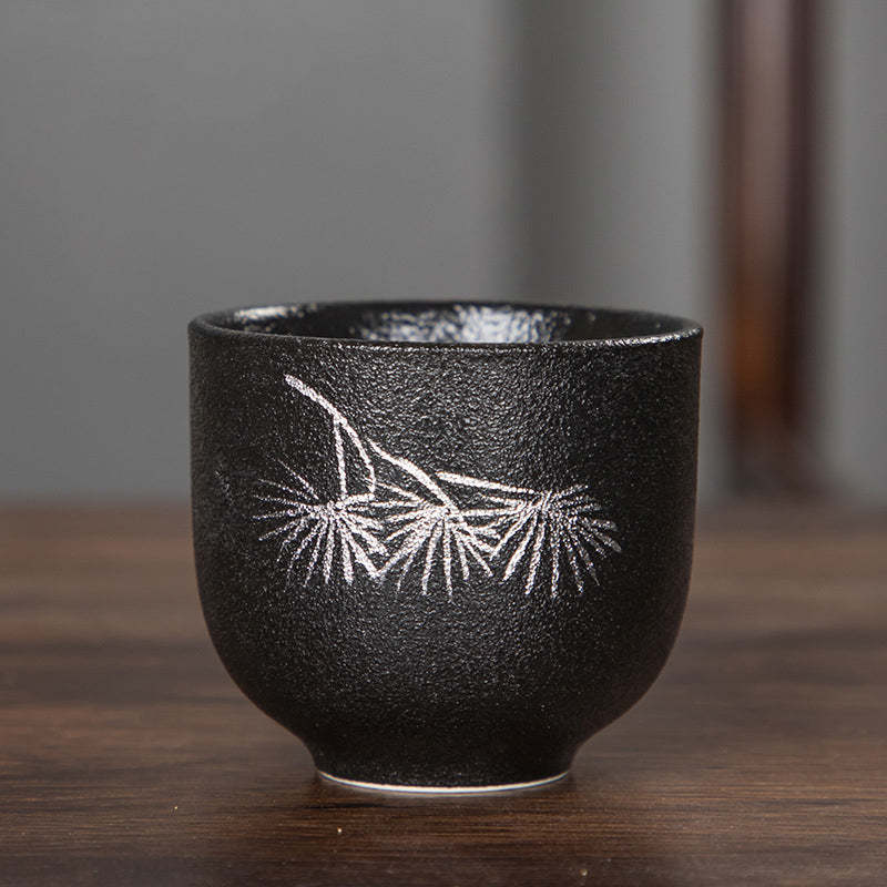 Hand Painted Lotus Flower Bamboo Chrysanthemum Black Pottery Ceramic Teacup Kung Fu Tea Cup 95ml