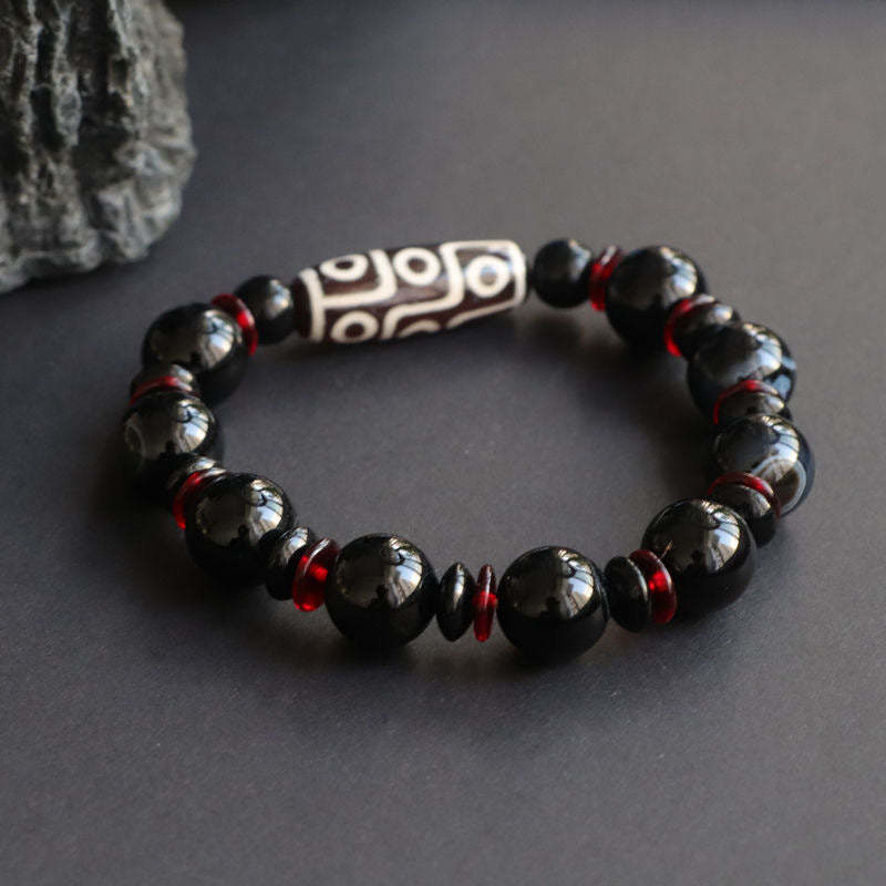 Black Onyx Nine-Eye Dzi Bead Wealth Protection Bracelet