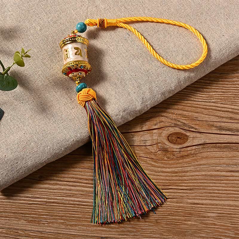 Tibet Om Mani Padme Hum Prayer Wheel Colorful Tassels Bag Car Hanging Decoration