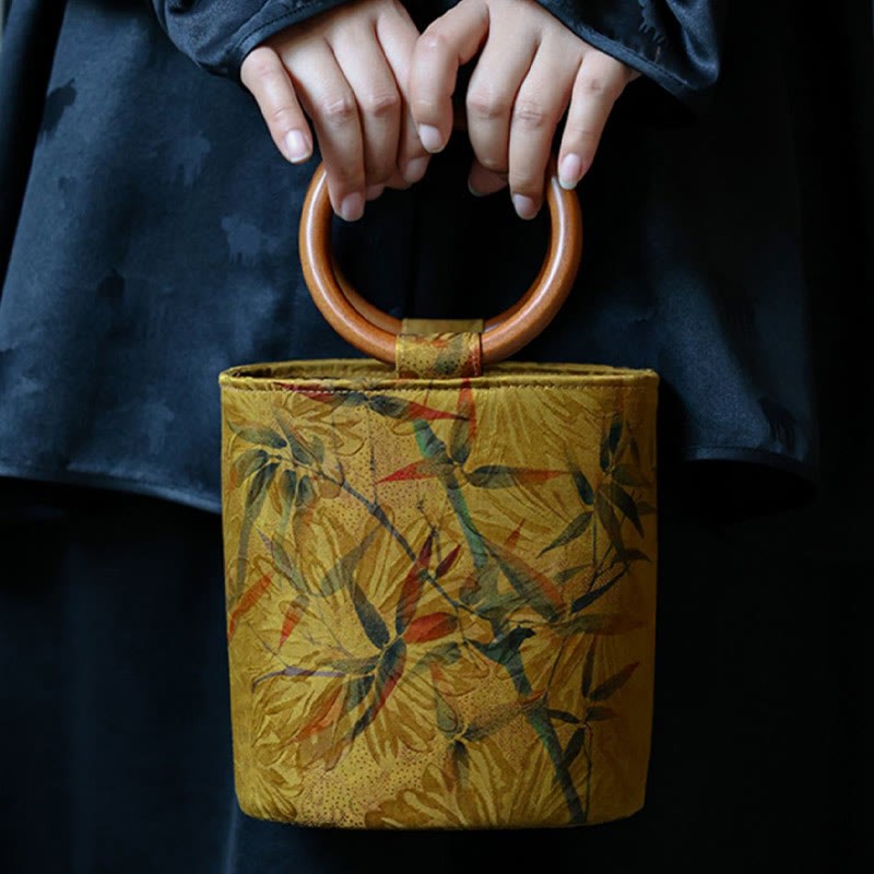 Bamboo Leaf Butterfly Cherry Blossom Persimmon Wood Handle Handbag