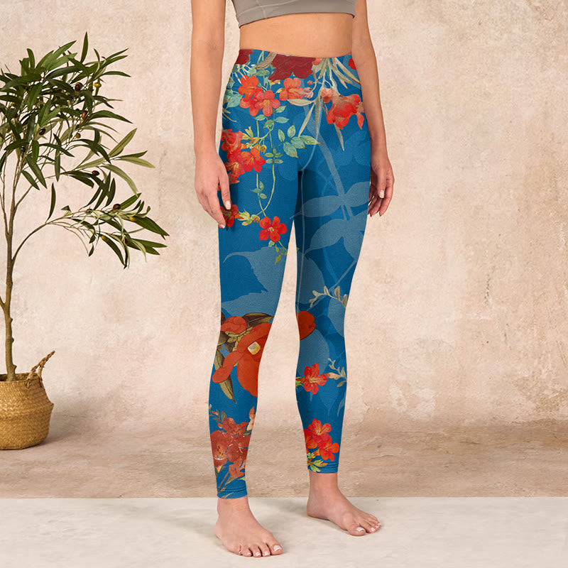 Blue Red Flowers Birds Print Gym Leggings Women's Yoga Pants
