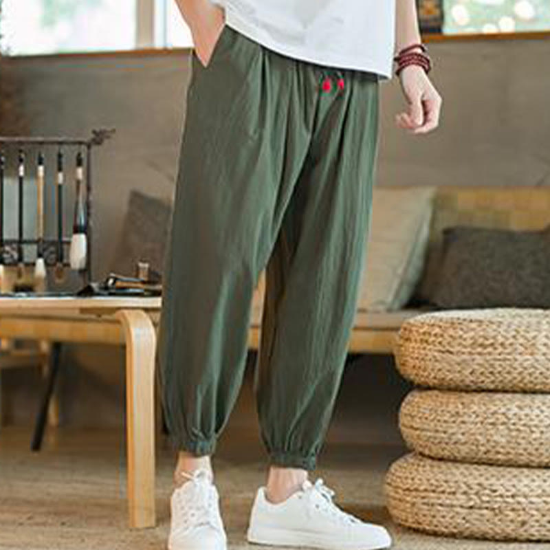 Plain Color Red Drawstring Linen Men's  Pants With Pockets