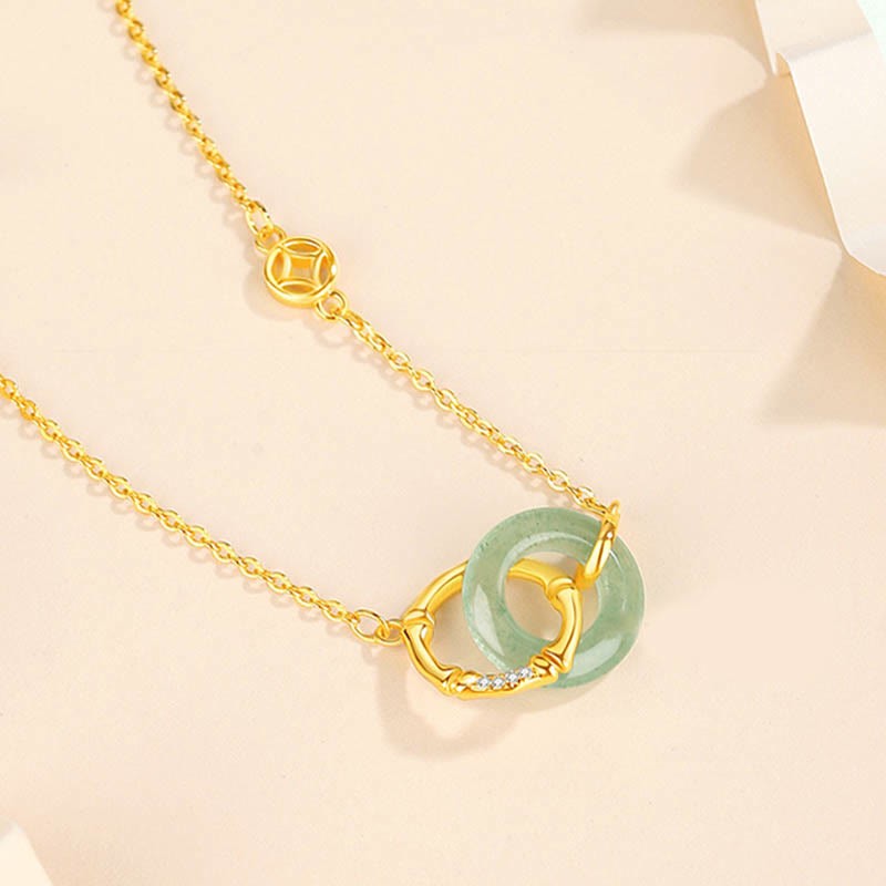 925 Sterling Silver Natural Green Aventurine Peace Buckle Bamboo Coin Prosperity Necklace Pendant