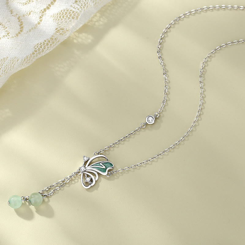 925 Sterling Silver Natural Green Aventurine Butterfly Luck Necklace Pendant Earrings Set