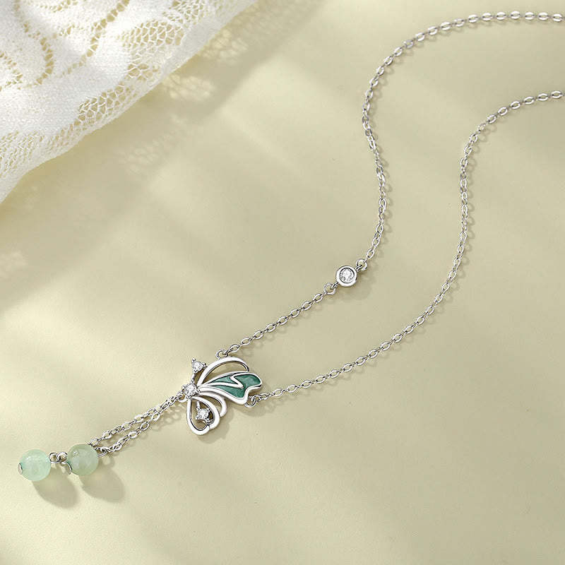 925 Sterling Silver Natural Green Aventurine Butterfly Luck Necklace Pendant Earrings Set