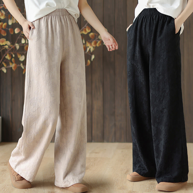 Casual Loose Jacquard Women's Cotton Linen Wide Leg Pants With Pockets