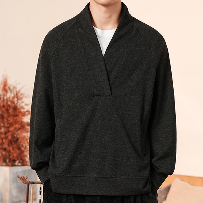 Fall Simple V-Neck Men's Sweatshirt Cotton Pullover With Pockets