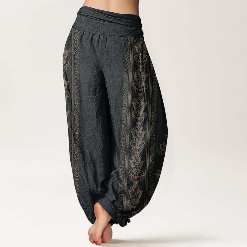 Lotus Flowers Double Dorje Vajra Namaste Om Design Women's Elastic Waist Harem Pants