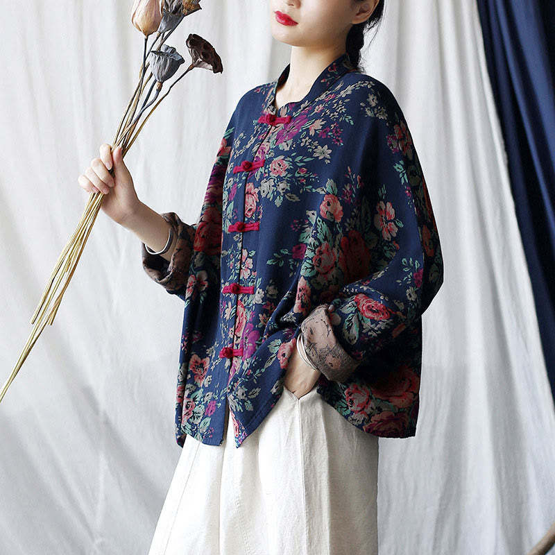 Red Flowers Green Leaves Print Frog-button Design Long Sleeve Cotton Linen Jacket Shirt
