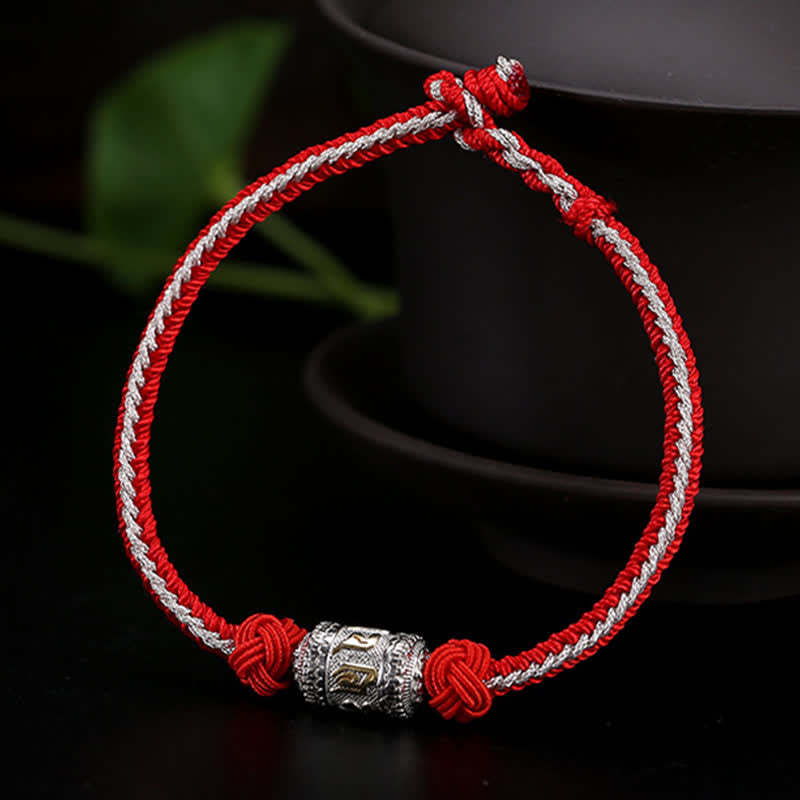 925 Sterling Silver Om Mani Padme Hum Prayer Wheel Luck Strength Red String Bracelet