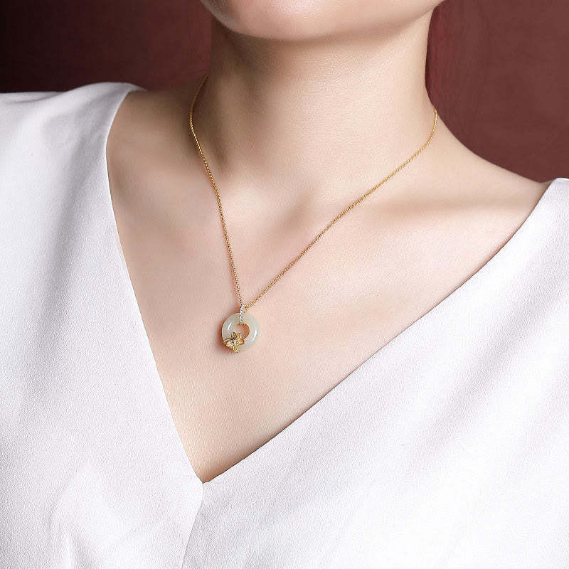 925 Sterling Silver Hetian Jade Peace Buckle Flower Luck Necklace Pendant