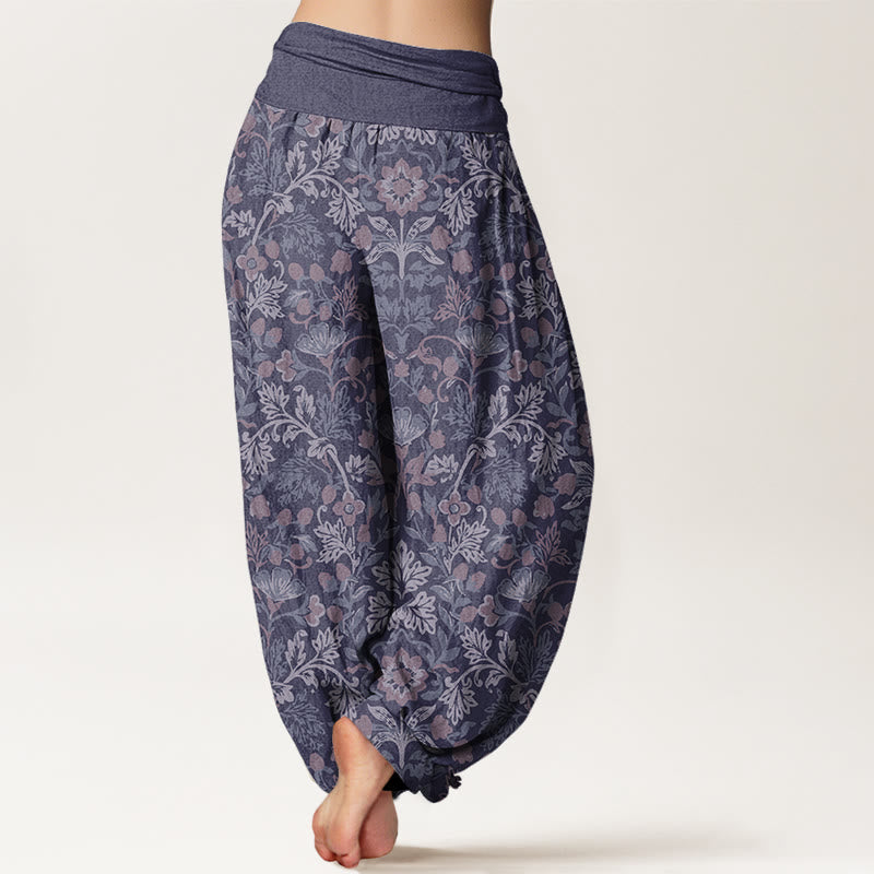 Casual Flower Vine Leaves Pattern Women's Elastic Waist Harem Pants