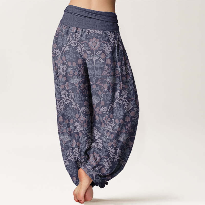 Casual Flower Vine Leaves Pattern Women's Elastic Waist Harem Pants