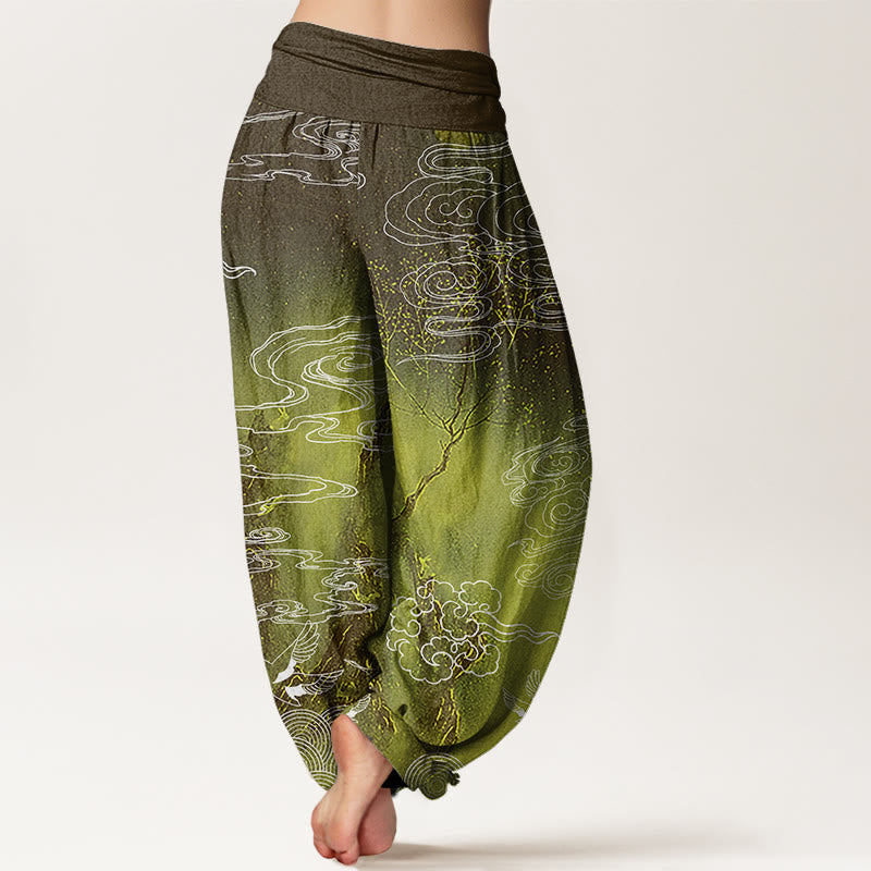 White Auspicious Clouds Birds Tree Pattern Women's Elastic Waist Harem Pants