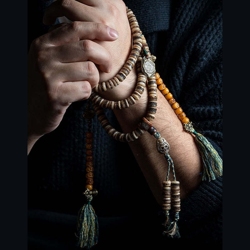 Tibetan 108 Mala Beads Yak Bone Dzi Bead The Lord of the Corpse Forest Strength Bracelet