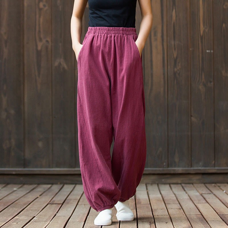 Casual Solid Plain Color Carrot Elastic Waistband Cotton Ramie Women's Pants With Pockets