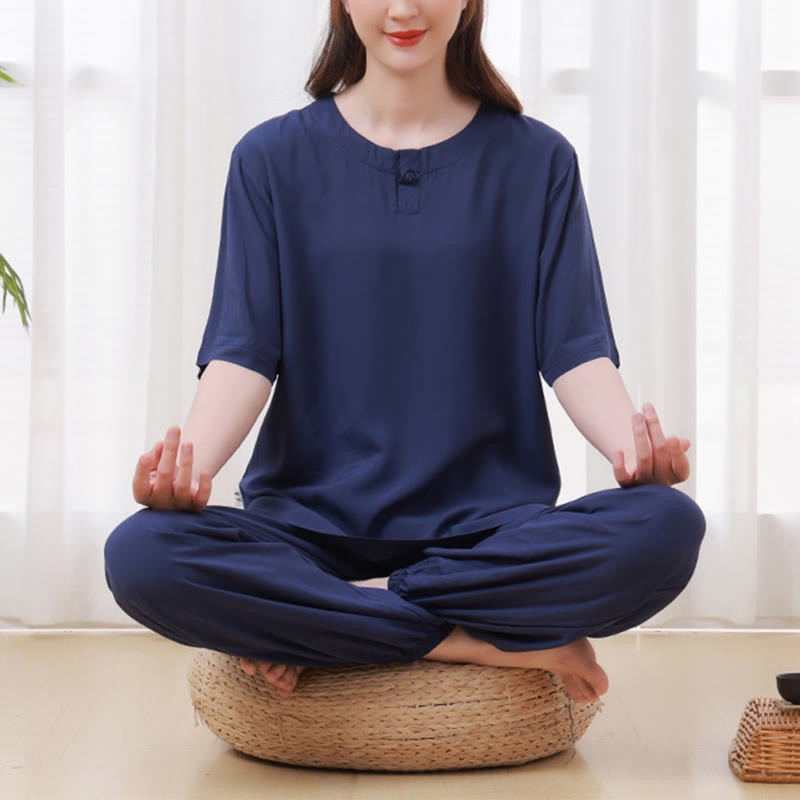 2Pcs Half Sleeve T-Shirt Pants Meditation Zen Tai Chi Cotton Linen Clothing Unisex Set