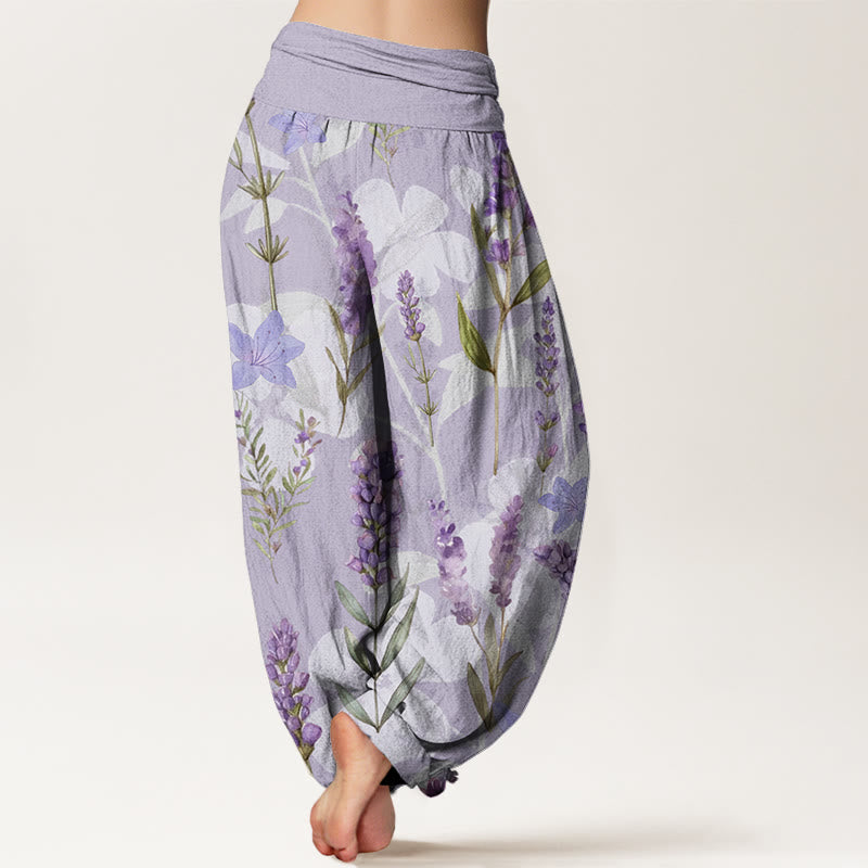 Casual Lavender Flowers Lilies Women's Elastic Waist Harem Pants