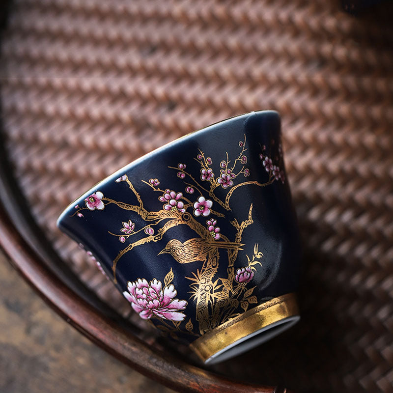 Golden Magpie Peony Flower Ceramic Teacup Kung Fu Tea Cup