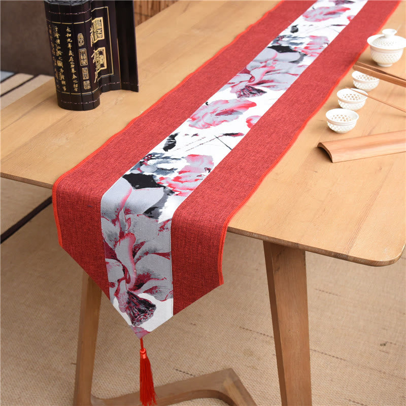 Classic Chinese Style Lotus Koi Fish Flower Crane Calligraphy Enlightenment Cotton Linen Tassels Table Runner