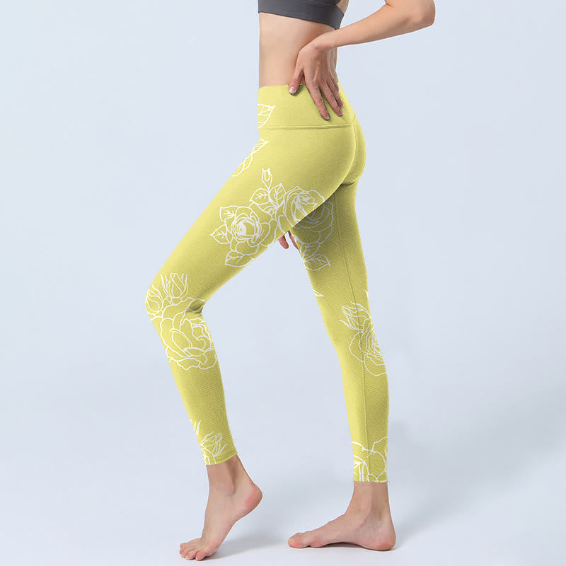 Yellow Rose Print Fitness Leggings Women's Yoga Pants