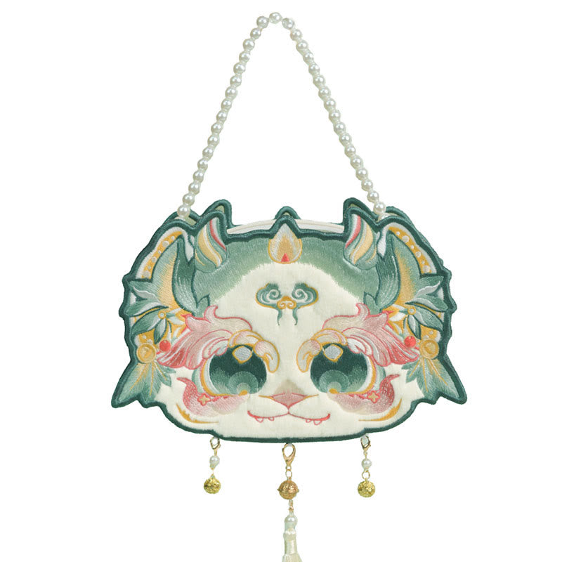 Double-sided Mythical Beast Bai Ze Embroidery Pearl Chain Tassel Shoulder Bag Crossbody Bag