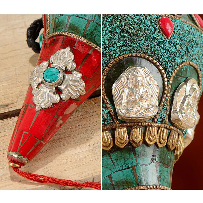 Tibetan Handmade Shankha Om Mani Padme Hum mystic zen Avalokitesvara Turquoise Conch Shell Positive Decoration