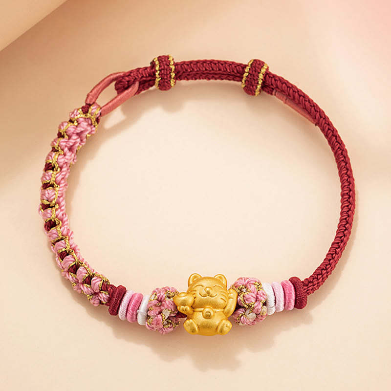 Handmade 999 Sterling Silver Fortune Cat Ingot Peach Blossom Luck?Red Rope Bracelet