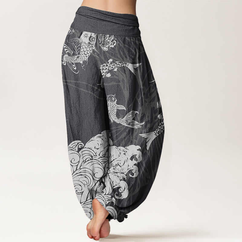 Koi FIsh Lotus Waves Women's Elastic Waist Harem Pants