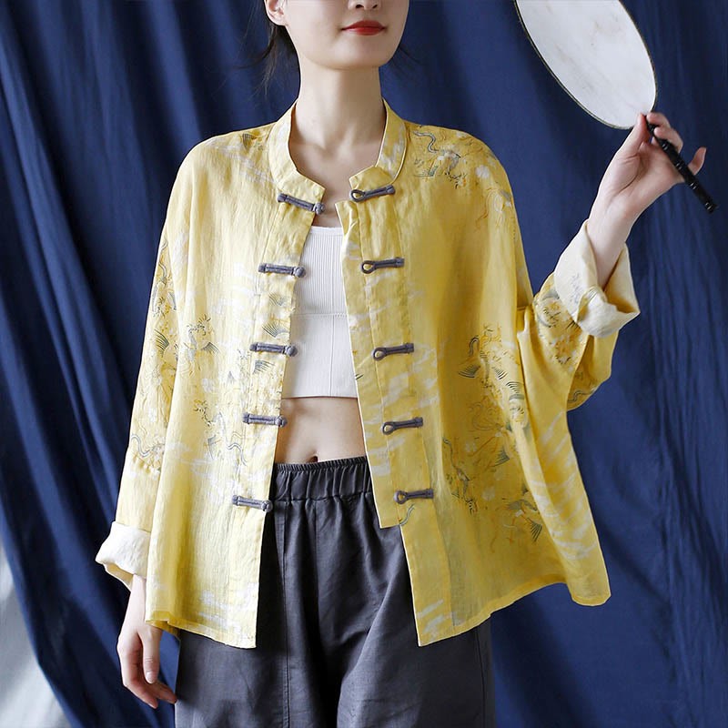 Yellow Phoenix Print Frog-button Design Long Sleeve Ramie Linen Jacket Shirt