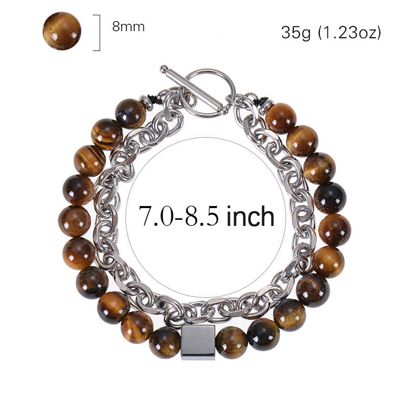 Colorful Tiger Eye Frosted Stone Black Magnetite Titanium Steel Double Wrap Protection Bracelet