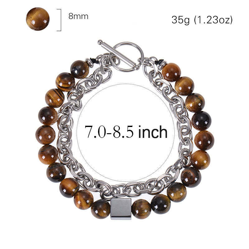 Colorful Tiger Eye Frosted Stone Black Magnetite Titanium Steel Double Wrap Protection Bracelet