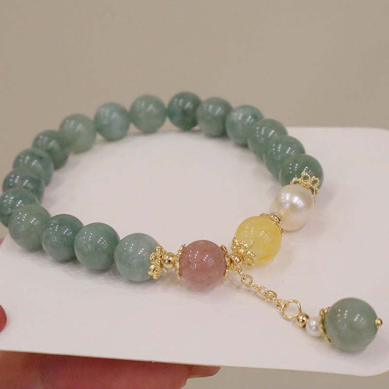Jade Pearl Strawberry Quartz Abundance Luck Bead Charm Bracelet