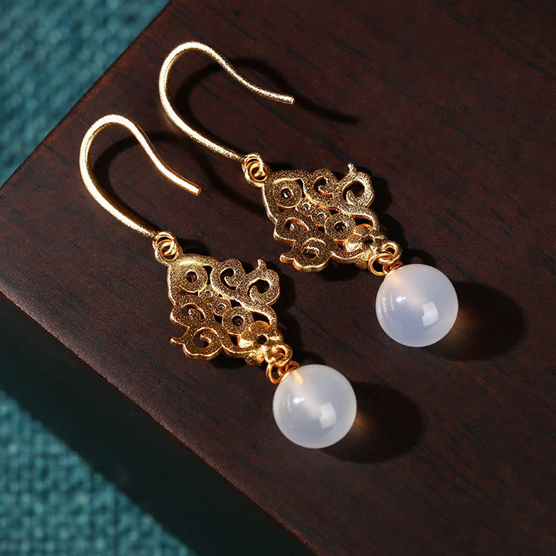 24K Gold Plated Round Chalcedony Positive Dangle Drop Earrings