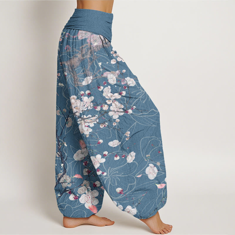 Casual White Plum Blossom Tree Trunk Women's Elastic Waist Harem Pants