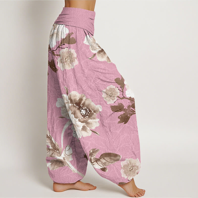 Folwers With Leaves Pattern Women's Elastic Waist Harem Pants
