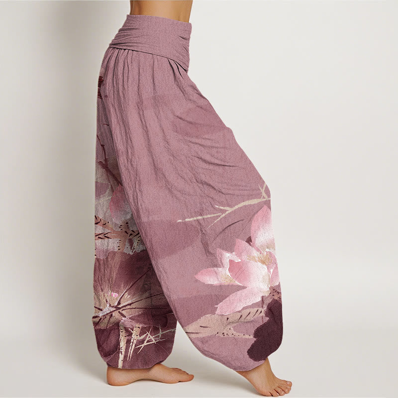 Pink Lotus Leaves Bird Pattern Women's Elastic Waist Harem Pants