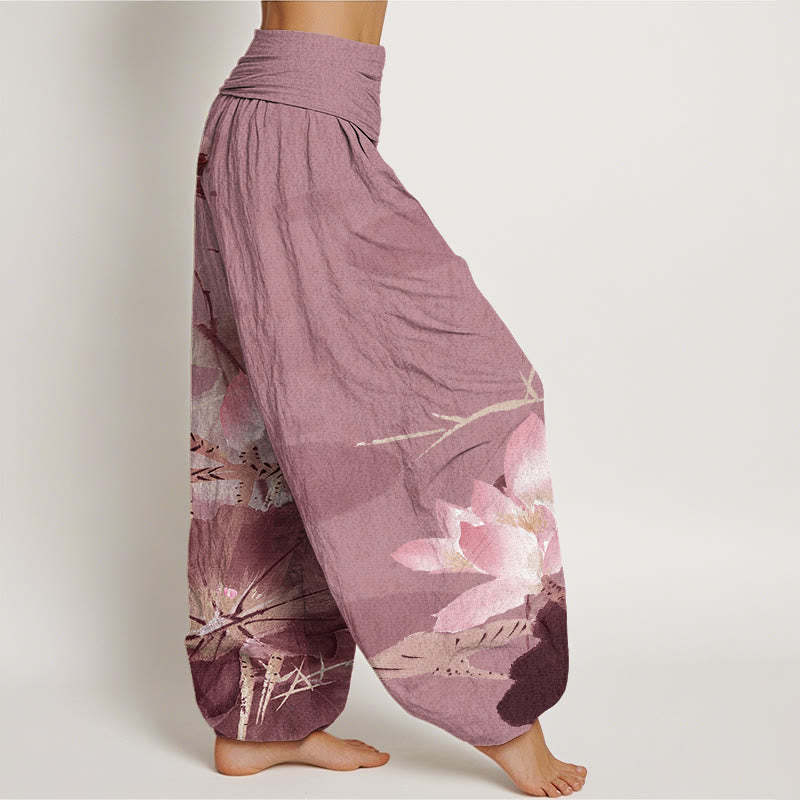 Pink Lotus Leaves Bird Pattern Women's Elastic Waist Harem Pants