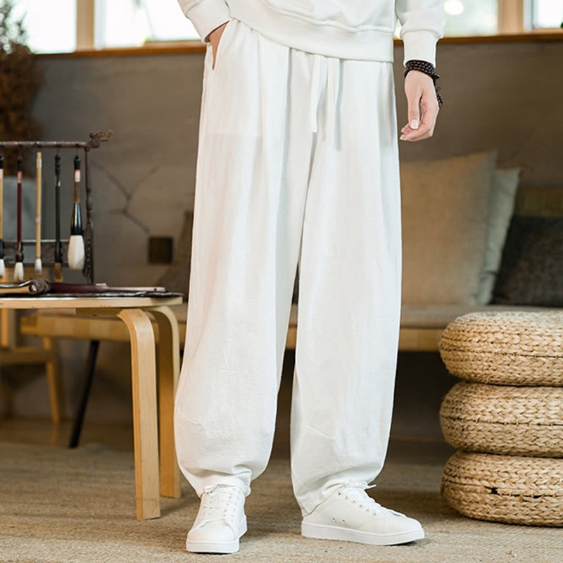 Solid Color Cotton Linen Drawstring Men's Harem Pants With Pockets