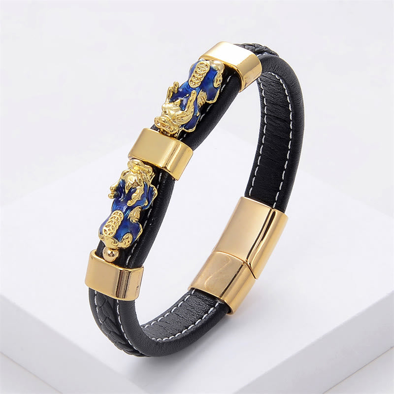 Double PiXiu Wealth Luck Leather Magnetic Buckle Bracelet