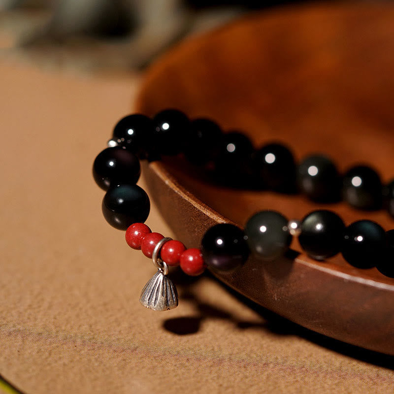 Natural Black Obsidian Cinnabar Lotus Charm Strength Fulfillment Bracelet