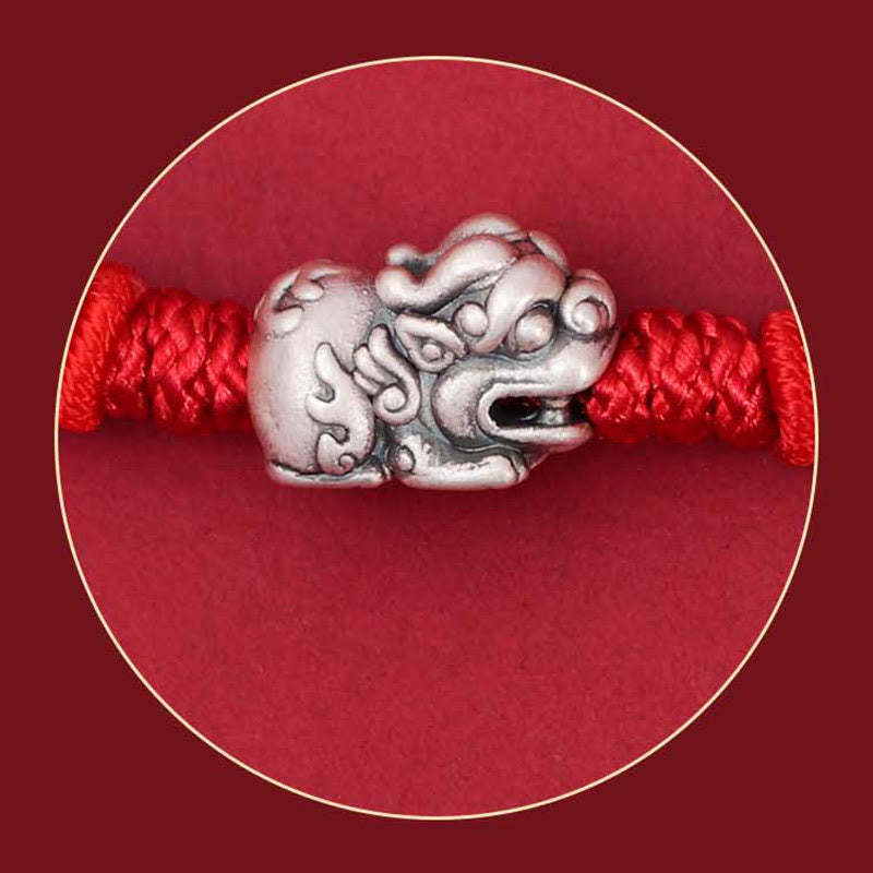 925 Sterling Silver PiXiu Fu Character Wealth Luck Handmade Braided Bracelet