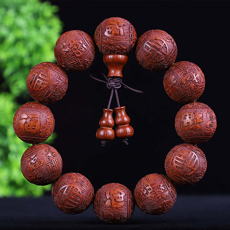 Chinese Zodiac Rosewood Ebony Boxwood Copper Coin PiXiu Carved Warmth Bracelet
