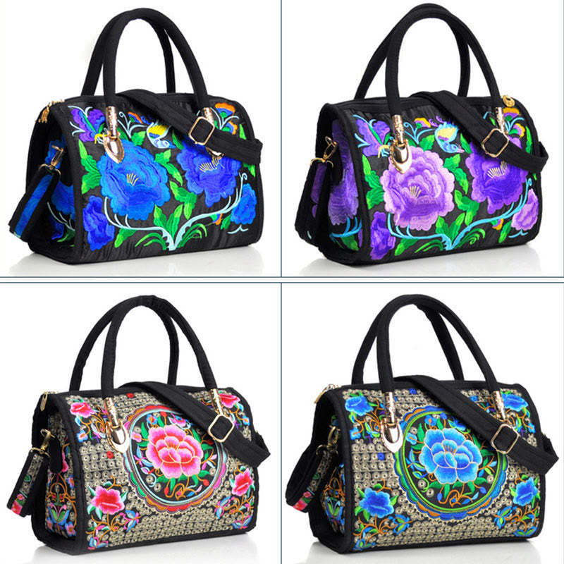 Money Tree Peony Camellia Double-Sided Embroidery Canvas Shopping Purse Handbag Crossbody Bag