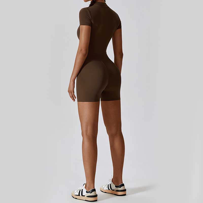 High Stretch Zipper Short Sleeve Jumpsuit Sports Fitness Yoga Women Bodysuit