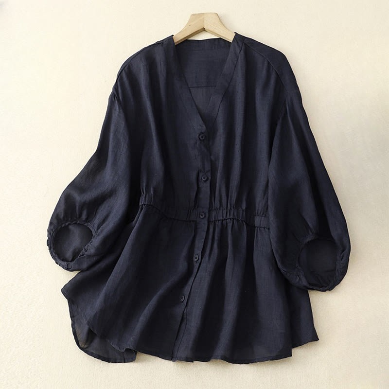 Spring Plain Button Half Puff Sleeve Waisted V-Neck Cotton Linen Women's Shirt