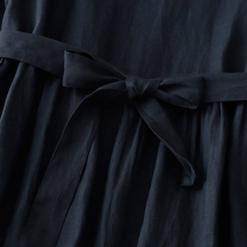 Casual Plain Crew Neck Lace-up Half Sleeve Cotton Linen Midi Dress With Pockets