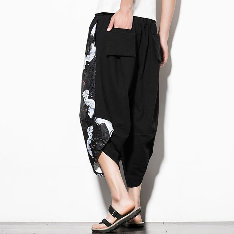 White Crane Print Cotton Men's Cropped Harem Pants With Pockets