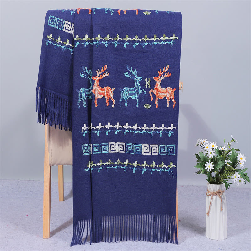 Rayon Fabric Shawl Sika Deer Embroidery Tassel Winter Cozy Travel Scarf Wrap